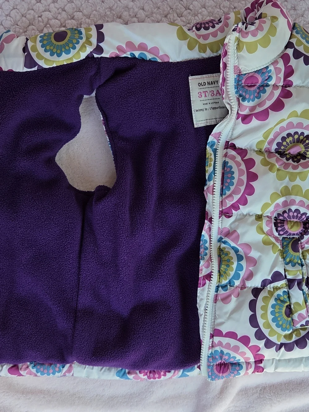 Old Navy Floral Puffer Vest - White with Pink, Purple & Blue